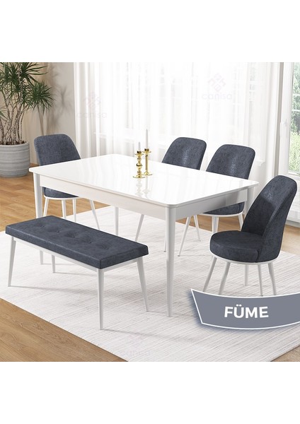 Pir Serisi, 80X130 Sabit Beyaz Mutfak Masası Takımı ve 4 Sandalye 1 Bench