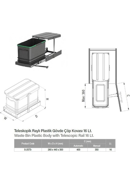 Teleskopik Raylı Plastik Gövde Çöp Kovası Antrasit 16 Lt S-2573-A