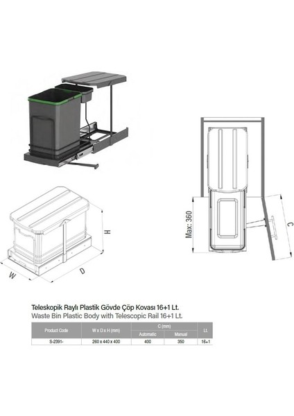 2391 Teleskopik Raylı Plastik Gövde 16+1 Lt Çöp Kovası Antrasit S-2391-A