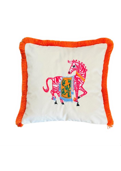Pembe Zebra Desenli Bej Kadife Kırlent Kılıfı ( 45 cm x 45 cm )