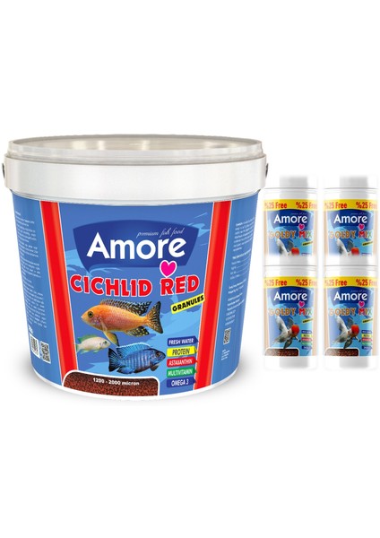 Cichlid Red Granules Kova 3 kg Akvaryum Balık Yemi ve 4X125ML Gold Mix Japon Balığı Yemi