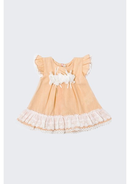 Dantelli Güpürlü Keten Bayramlık Elbise Somon 128