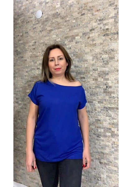 Tek Omuz Dekolteli Kayık Yaka Viskon Merserize Kumaş Siyah T-Shirt