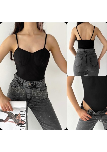 Askılı Fitilli Bodysuit - Siyah