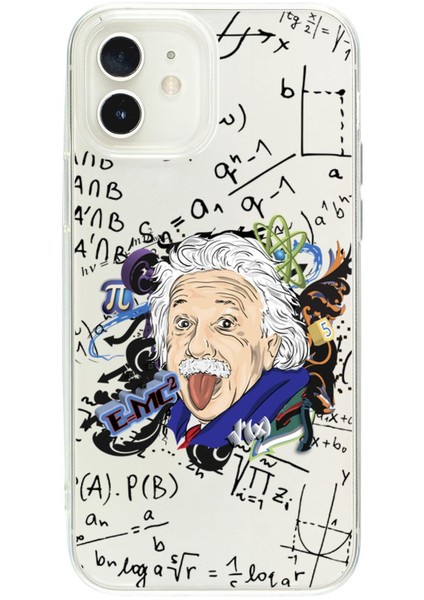 iPhone 12 Einstein In Formula Desenli Premium Şeffaf Silikon Kılıf