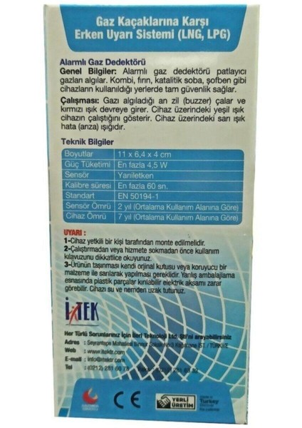 Itek Itek Doğalgaz Alarm Cihazı Nys-3 Model Gaz Dedektörü, Garantili Itek fiyatları