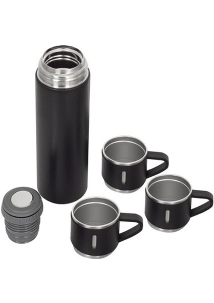 Paslanmaz Çelik Termos Siyah Renk 3 Bardaklı Termos Seti Vakumlu Termos Set fırsatları