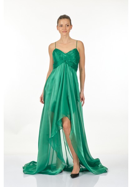 Straplez Midi Şifon Elbise - Asimetrik, Oversize, Özel Gün