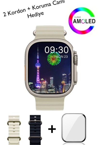 Hk8 Pro Max Bluetooth Akıllı Saat Gerçeğe En Yakın Md, Pusula Aktif, Çift Kordon, Koruma Camı Hediye