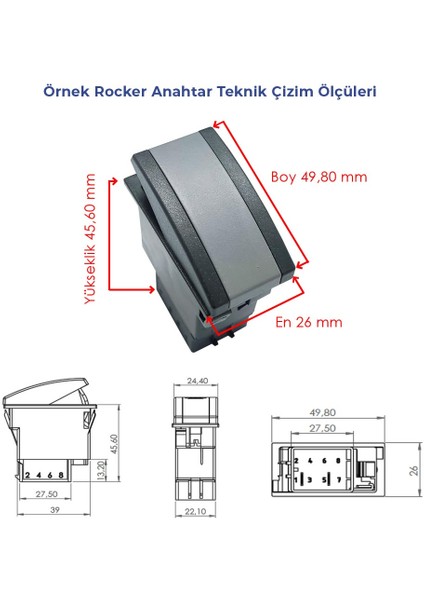 Otokar Kent Otobüs Ön Sis Lambası Anahtar Düğme Rocker Switch 6 Pin (On-On) - Ampullü 24V