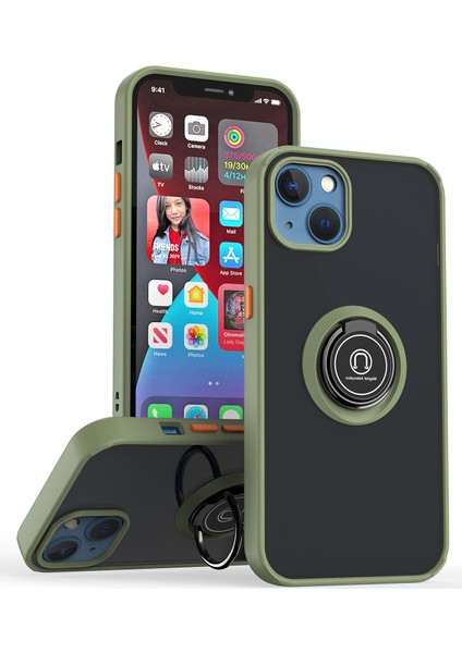iPhone 13 Için Yüzük Stand Mat Sert Silikon Telefon Kılıfı - Yeşil (Yurt Dışından)