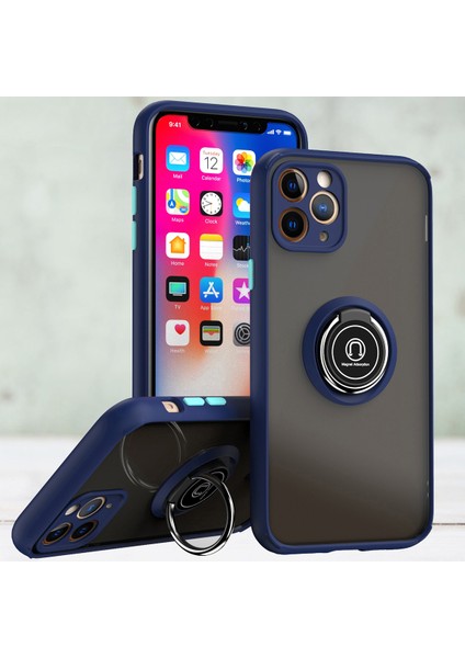 iPhone 11 Pro Max Için Yüzük Stand Mat Sert Silikon Telefon Kılıfı - Mavi (Yurt Dışından)