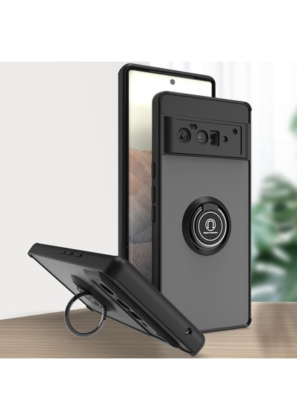 Google Pixel 6 Pro Için Yüzük Stand Mat Sert Silikon Telefon Kılıfı - Siyah (Yurt Dışından)