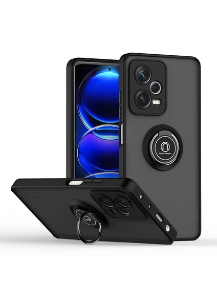 Xiaomi Redmi Note 12 Pro Için Yüzük Stand Mat Sert Silikon Telefon Kılıfı - Siyah (Yurt Dışından)