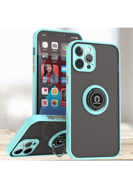 iPhone 12 Pro Için Yüzük Stand Mat Sert Silikon Telefon Kılıfı - Açık Mavi (Yurt Dışından)