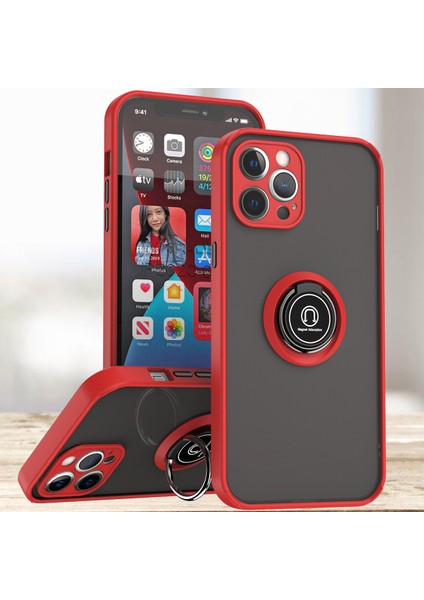 iPhone 12 Pro Max Için Yüzük Stand Mat Sert Silikon Telefon Kılıfı - Kırmızı (Yurt Dışından)