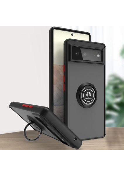 Google Pixel 6 Için Yüzük Stand Mat Sert Silikon Telefon Kılıfı - Siyah/kırmızı (Yurt Dışından)