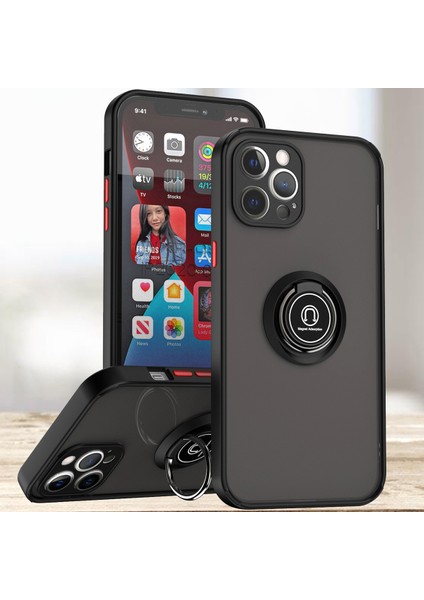 iPhone 12 Pro Için Yüzük Stand Mat Sert Silikon Telefon Kılıfı - Siyah/kırmızı (Yurt Dışından)