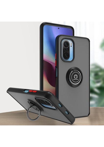 Xiaomi Redmi K40 / K40 Pro Için Yüzük Stand Mat Sert Silikon Telefon Kılıfı - Siyah/kırmızı (Yurt Dışından)