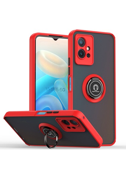 Vıvo Y55 5g Için Yüzük Stand Mat Sert Silikon Telefon Kılıfı - Kırmızı (Yurt Dışından)