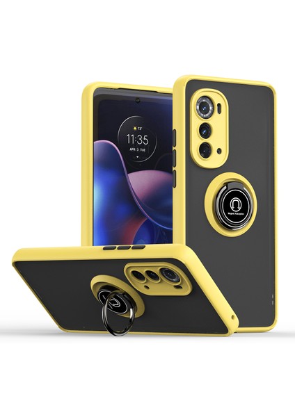 Motorola Edge 2022 Için Yüzük Stand Mat Sert Silikon Telefon Kılıfı - Sarı (Yurt Dışından)