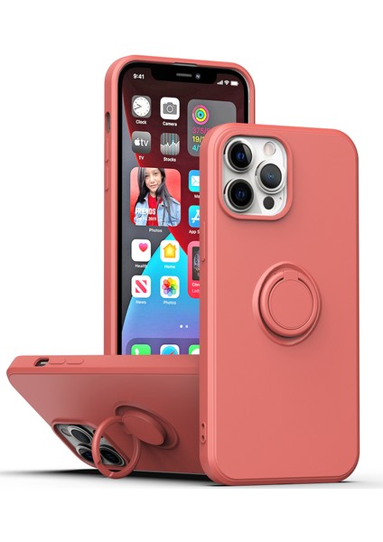 iPhone 13 Pro Max Için Ince Silikon Yüzük Stand Telefon Kılıfı - Koyu Kırmızı (Yurt Dışından)