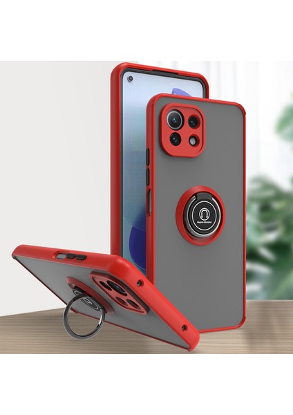 Xiaomi Mi 11 Lite Için Yüzük Stand Mat Sert Silikon Telefon Kılıfı - Kırmızı (Yurt Dışından)