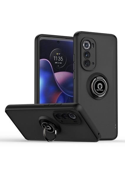 Motorola Edge 2022 Için Yüzük Stand Mat Sert Silikon Telefon Kılıfı - Siyah (Yurt Dışından)