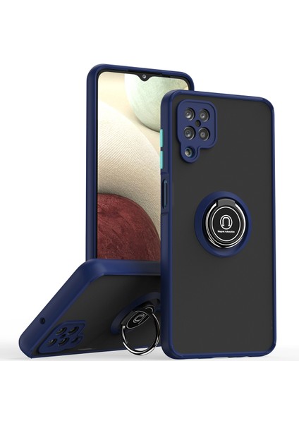 Samsung Galaxy A12 Için Yüzük Stand Mat Sert Silikon Telefon Kılıfı - Mavi (Yurt Dışından)