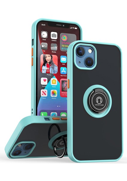 iPhone 13 Için Yüzük Stand Mat Sert Silikon Telefon Kılıfı - Açık Mavi (Yurt Dışından)