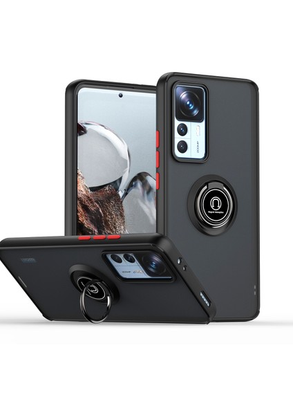 Xiaomi 12T / Xiaomi 12T Pro Için Yüzük Stand Mat Sert Silikon Telefon Kılıfı - Siyah/kırmızı (Yurt Dışından)
