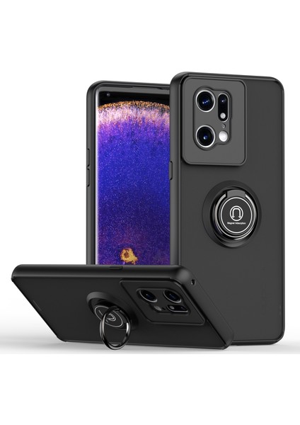 Oppo Find X5 Pro Için Yüzük Stand Mat Sert Silikon Telefon Kılıfı - Siyah (Yurt Dışından)