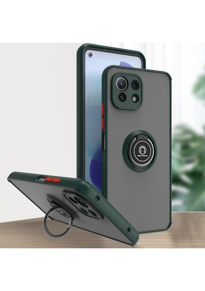 Xiaomi Mi 11 Lite Için Yüzük Stand Mat Sert Silikon Telefon Kılıfı - Koyu Yeşil (Yurt Dışından)