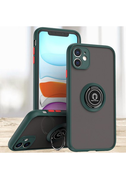 iPhone 12 Için Yüzük Stand Mat Sert Silikon Telefon Kılıfı - Koyu Yeşil (Yurt Dışından)