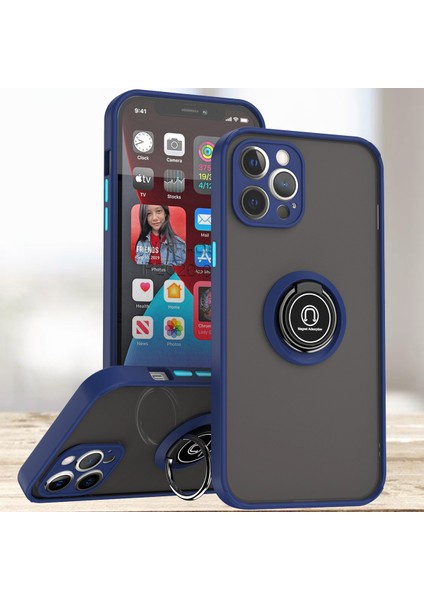 iPhone 12 Pro Max Için Yüzük Stand Mat Sert Silikon Telefon Kılıfı - Mavi (Yurt Dışından)
