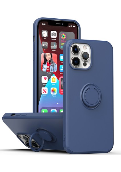 iPhone 13 Mini Için Ince Silikon Yüzük Stand Telefon Kılıfı - Mavi (Yurt Dışından)