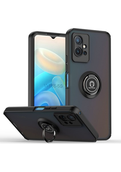 Vıvo Y55 5g Için Yüzük Stand Mat Sert Silikon Telefon Kılıfı - Siyah (Yurt Dışından)