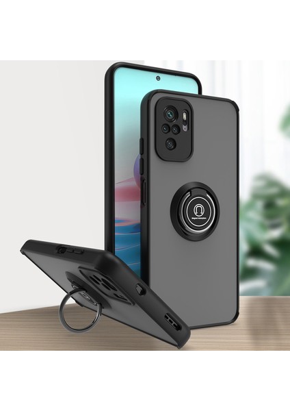 Xiaomi Redmi Note 10 Pro / Note 10PRO Max Için Yüzük Stand Mat Sert Silikon Telefon Kılıfı - Siyah (Yurt Dışından)