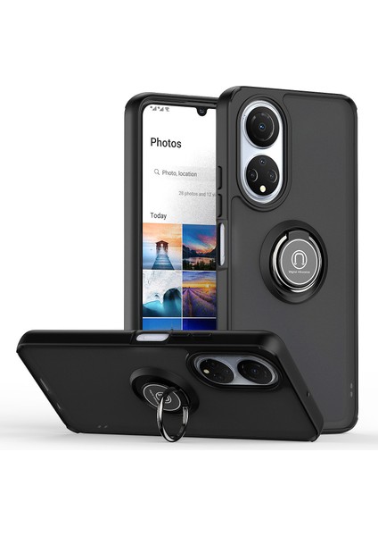 Honor X7 Için Yüzük Stand Mat Sert Silikon Telefon Kılıfı - Siyah (Yurt Dışından)