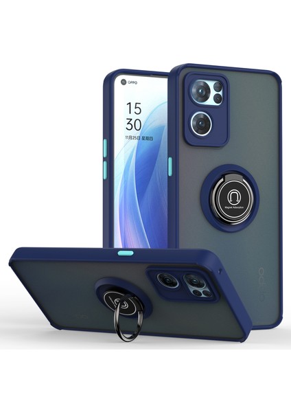 Oppo Reno7 5g Için Yüzük Stand Mat Sert Silikon Telefon Kılıfı - Mavi (Yurt Dışından)