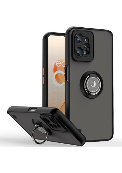 Realme C31 Için Yüzük Stand Mat Sert Silikon Telefon Kılıfı - Matte Black (Yurt Dışından)