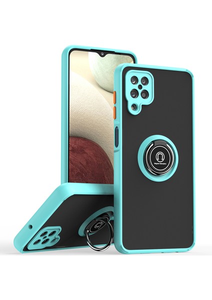 Samsung Galaxy A12 Için Yüzük Stand Mat Sert Silikon Telefon Kılıfı - Açık Mavi (Yurt Dışından)