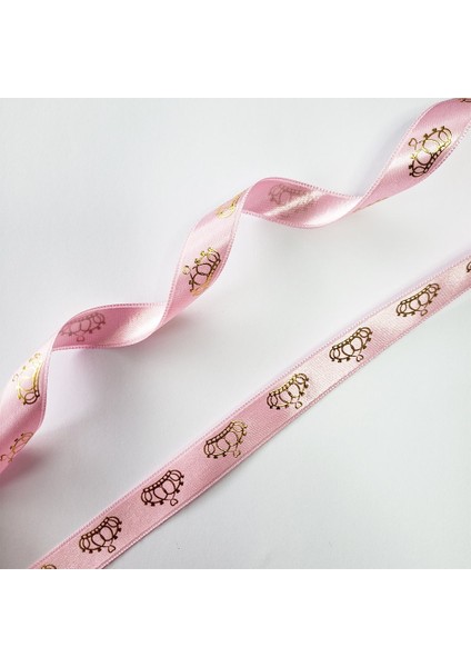 Varak Kraliçe Tacı Baskılı Saten Kurdele 1,5 cm Pembe Altın 5 Metre