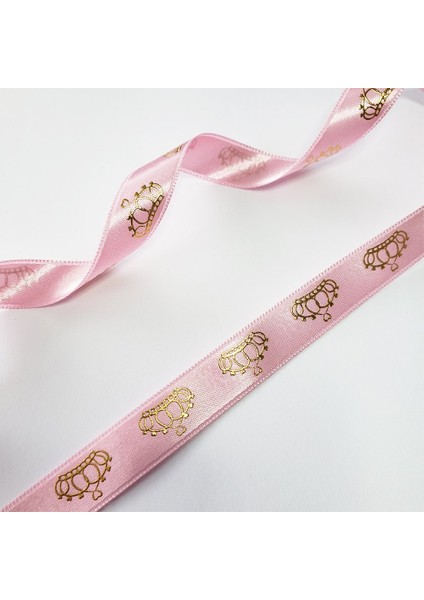 Varak Kraliçe Tacı Baskılı Saten Kurdele 1,5 cm Pembe Altın 5 Metre fiyatları