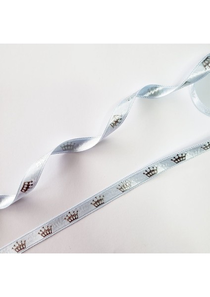 Varak Kral Tacı Baskılı Saten Kurdele 1 cm Mavi Gümüş 5 Metre