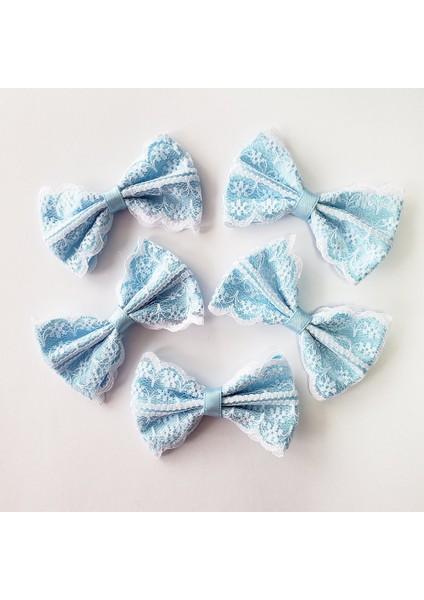 Saten Üzeri Dantelli Fiyonk Mavi 10 Adet 7,5 cm