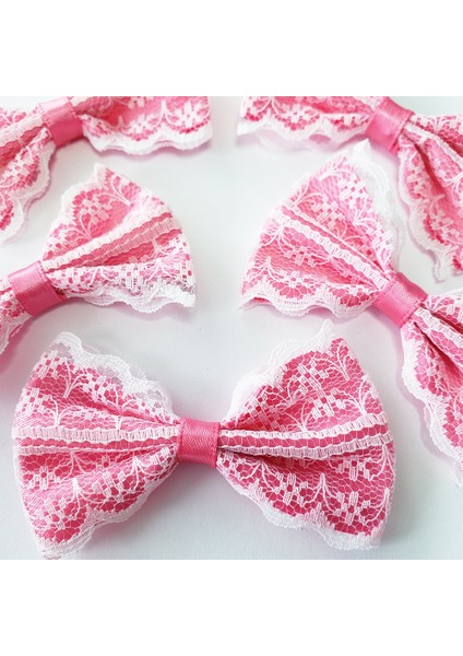 Saten Üzeri Dantelli Fiyonk Pembe 10 Adet 7,5 cm