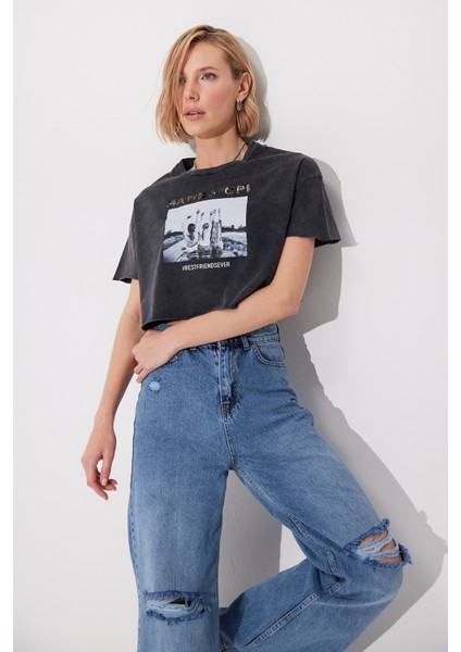 Antrasit Asit Yıkamalı Baskılı Oversize T-Shirt SS23TE4733ANT