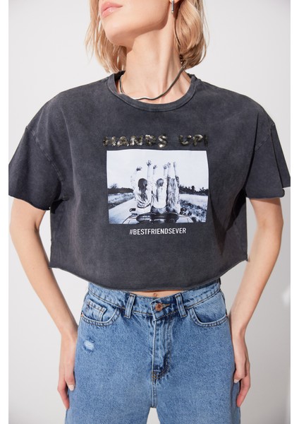Antrasit Asit Yıkamalı Baskılı Oversize T-Shirt SS23TE4733ANT modelleri