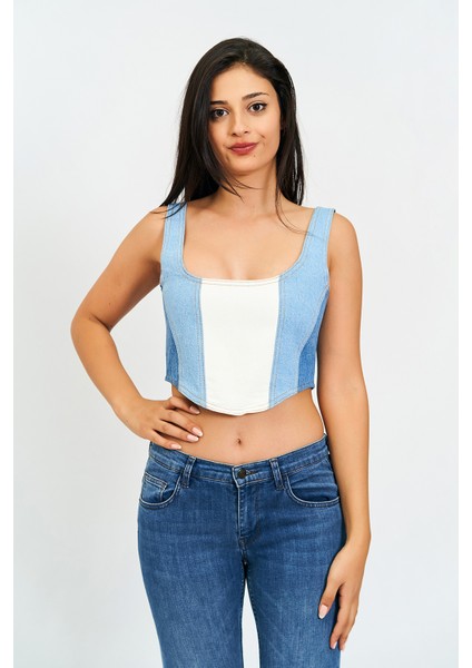 Kadın Mavi Askılı Arkadan Fermuarlı Jean Crop Bluz